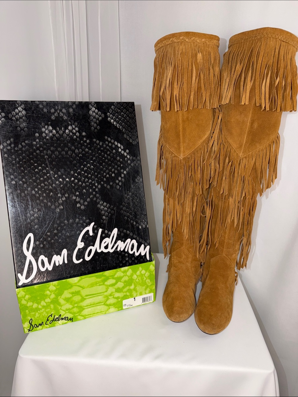 Sam Edelman Uri Suede Fringe Over-the-Knee Boots in Camel